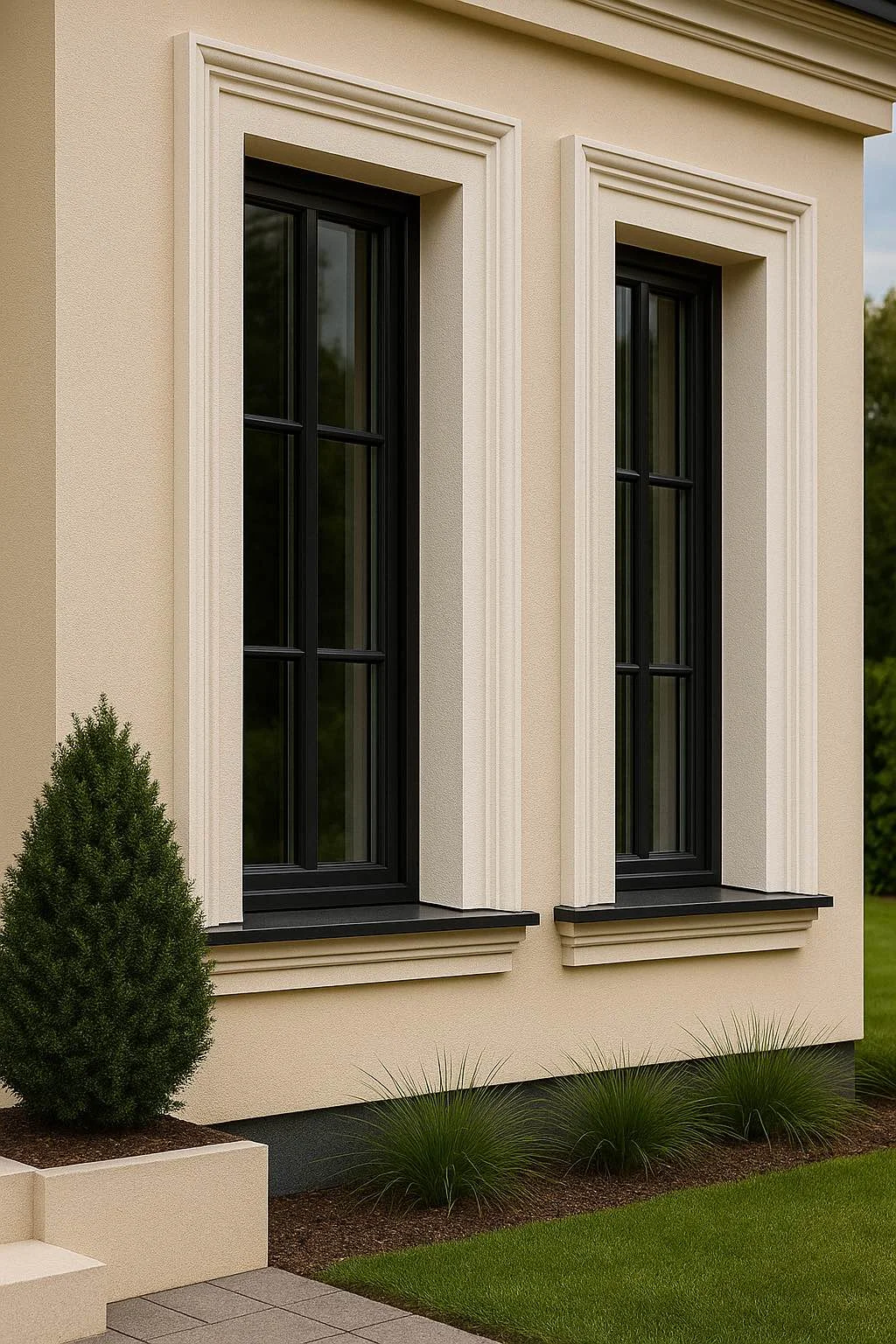 Window trims and sills made of architectural mouldings on a modern house